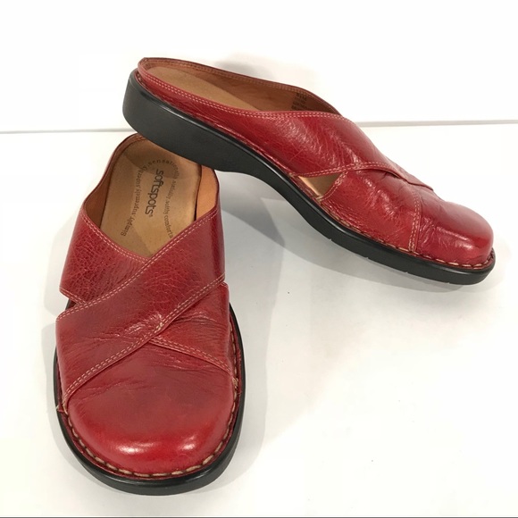 womens red leather mules